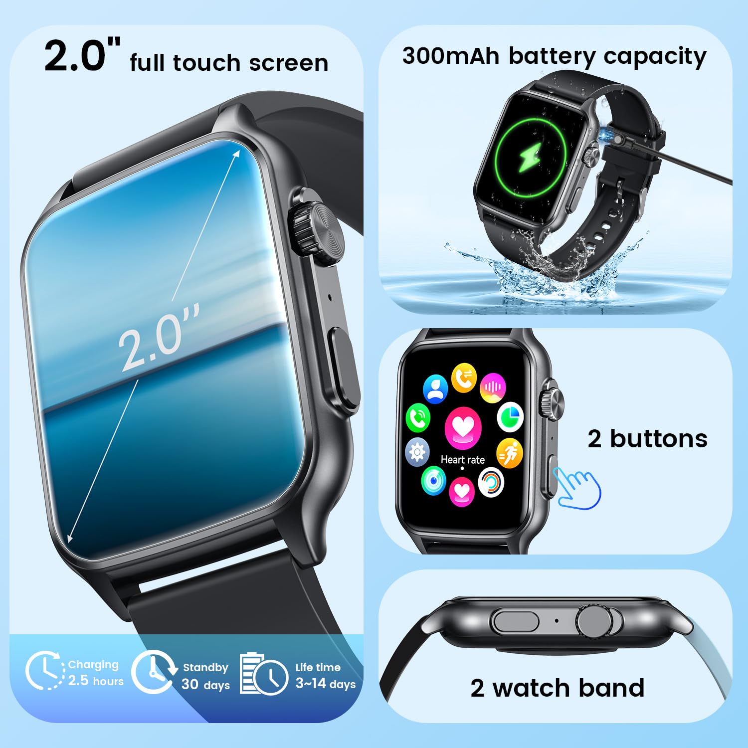 RONHAN Smart Watch Men Fitness Tracker: 2.0“ Touch Screen Watches Waterproof for Call Heart Rate Blood Pressure Sleep Monitor Digital Step Sport Running Smartwatch Bluetooth Compatible Android with iOS Phone