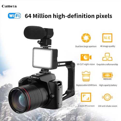 RONHAN Camera, D5 F=2.7 2.95mm 4K 64MP 16X Zoom Digital Camera HD Night Vision, 62mm Macro Lens 120° Wide Angle Video Camera with Fill Light & Microphone, WiFi Interconnection