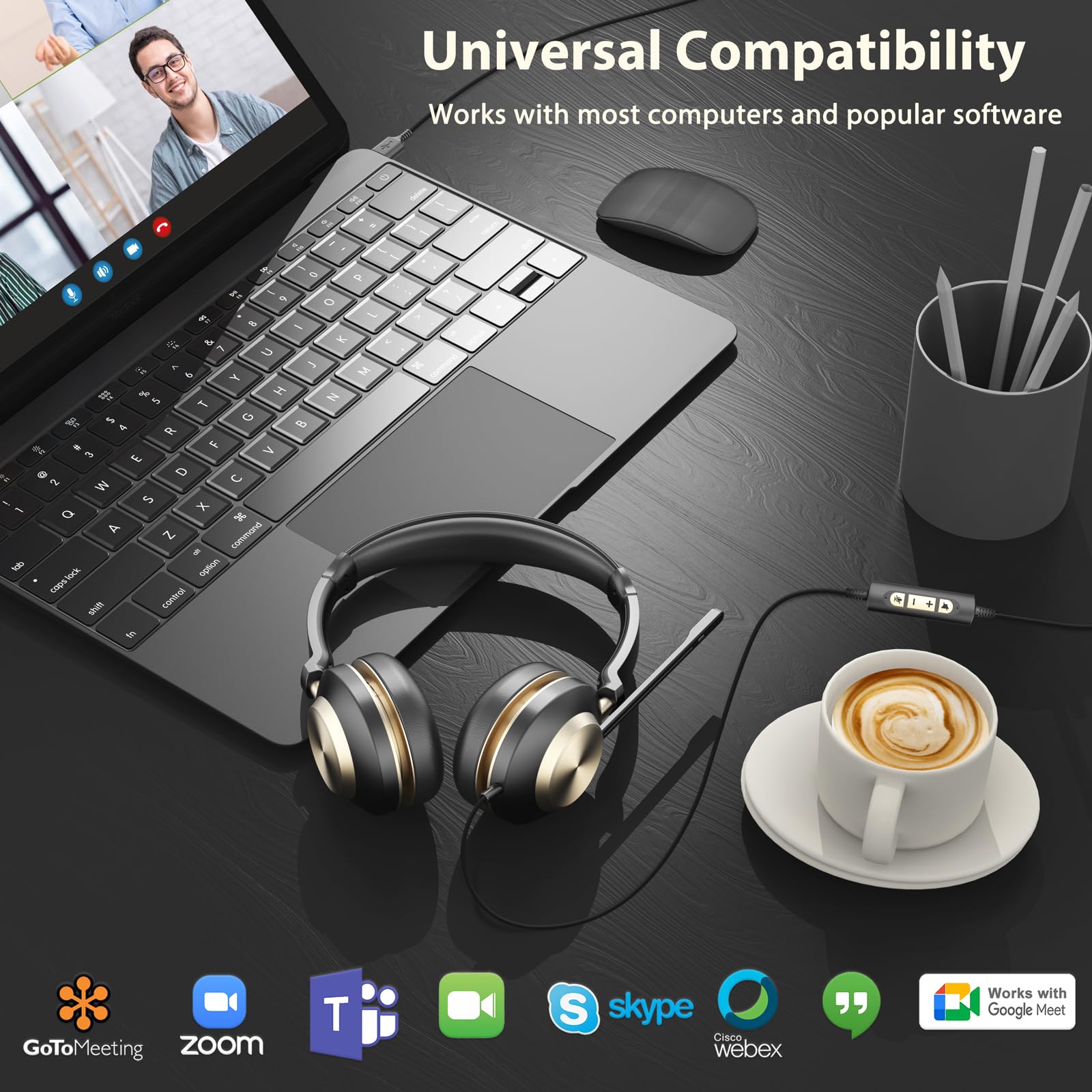 RONHAN USB Headset with Microphone for PC, Wired headset with Noise Cancelling Mic, in-line Controls Volume & Mute Button, Computer Headset for Work from Home/Office/ Call center/Online Class/Zoom/Teams