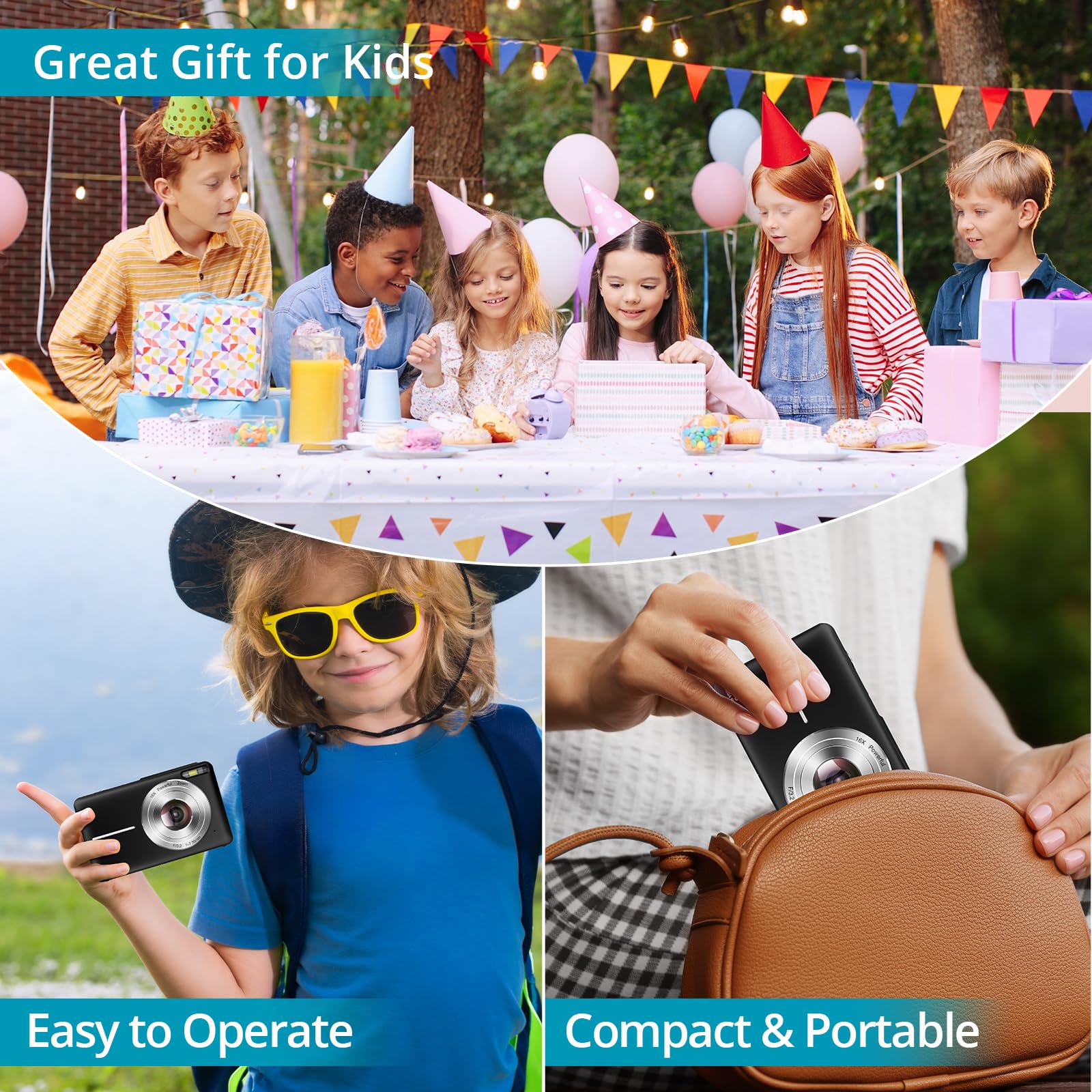 RONHAN Digital Camera Newest 1080P 44MP Digital Cameras, Digital Point and Shoot Camera for Kids with 16X Zoom, Anti-Shake, Compact Small Travel Camera for Beginner Children Boys Girls Teens Gift